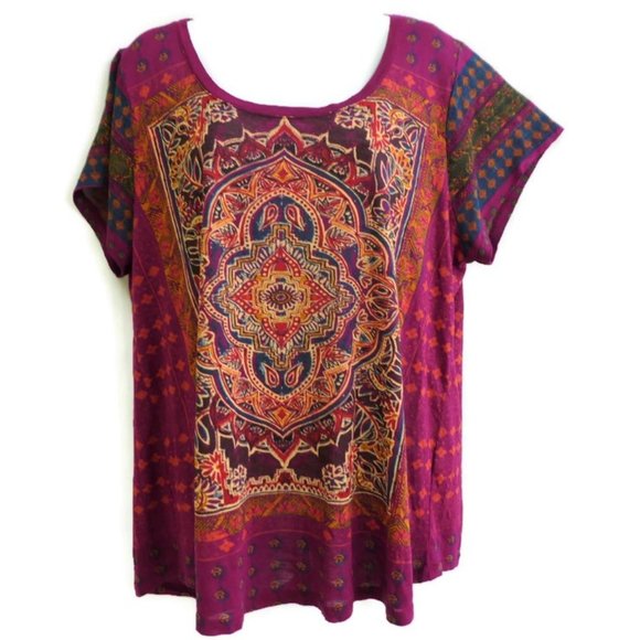 Lucky Brand Tops - Lucky Brand Tee T Shirt Mandela Print Scoop Short Short Sleeve Red 1X